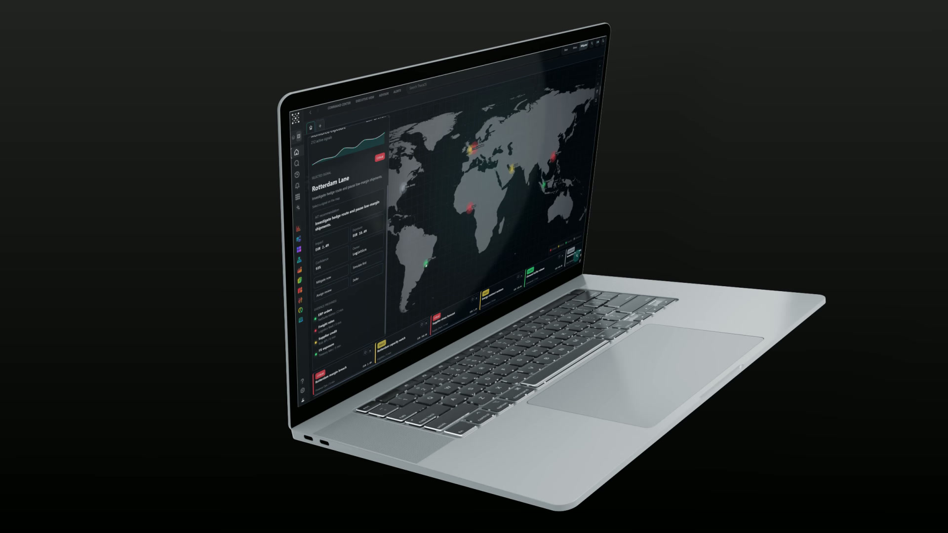 TheraOS Command Center: world map of signals with the Rotterdam Lane signal selected